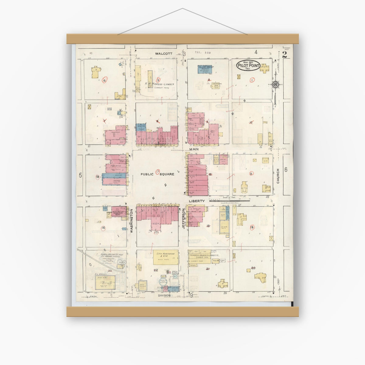 Old map wall art mockup — magnetic wood frame on white wall — Sanborn Fire Insurance Map from Pilot Point, Denton County, Texas (1940), Sheet #0002