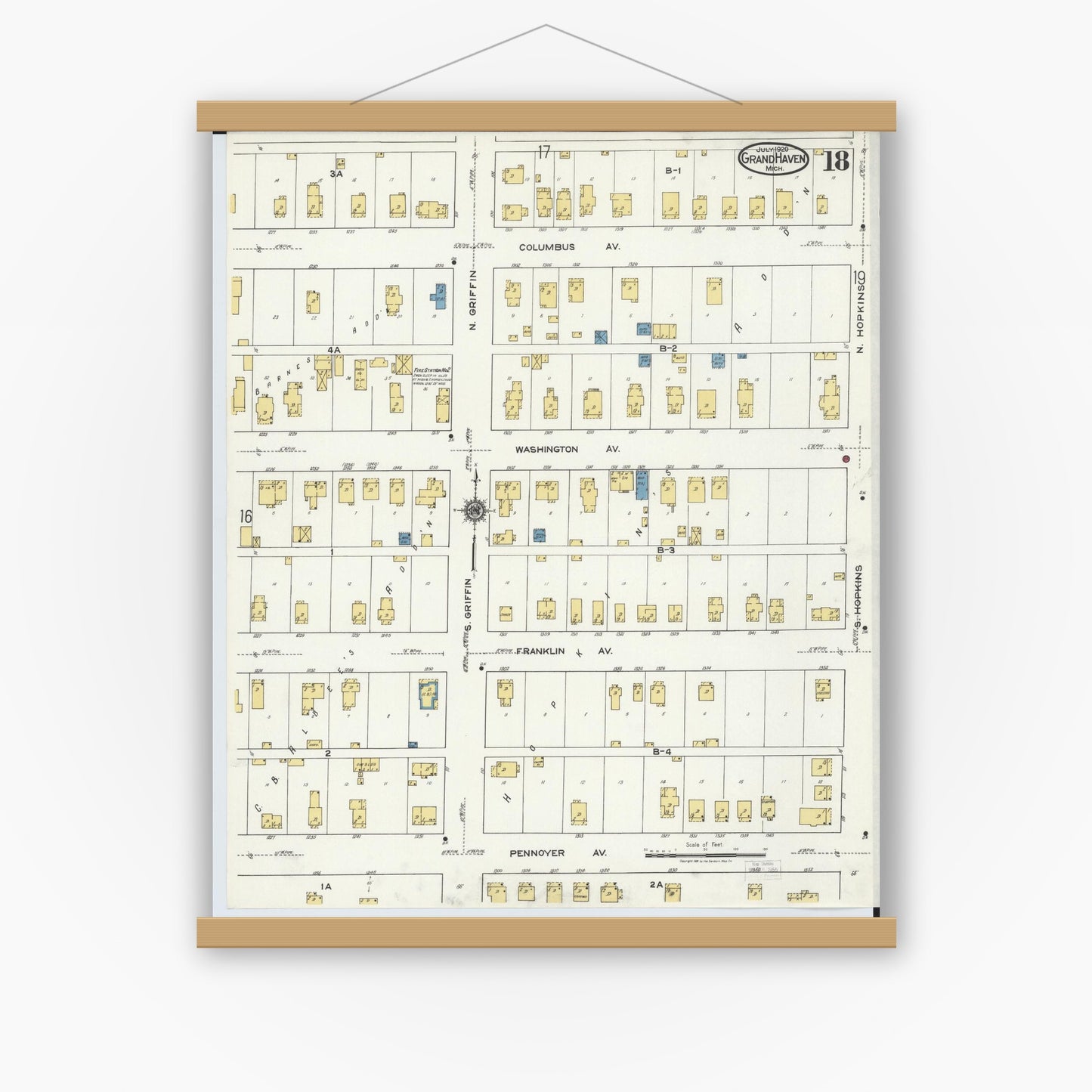Old map wall art mockup — magnetic wood frame on white wall — Sanborn Fire Insurance Map from Grand Haven, Ottawa County, Michigan (1920), Sheet #0018