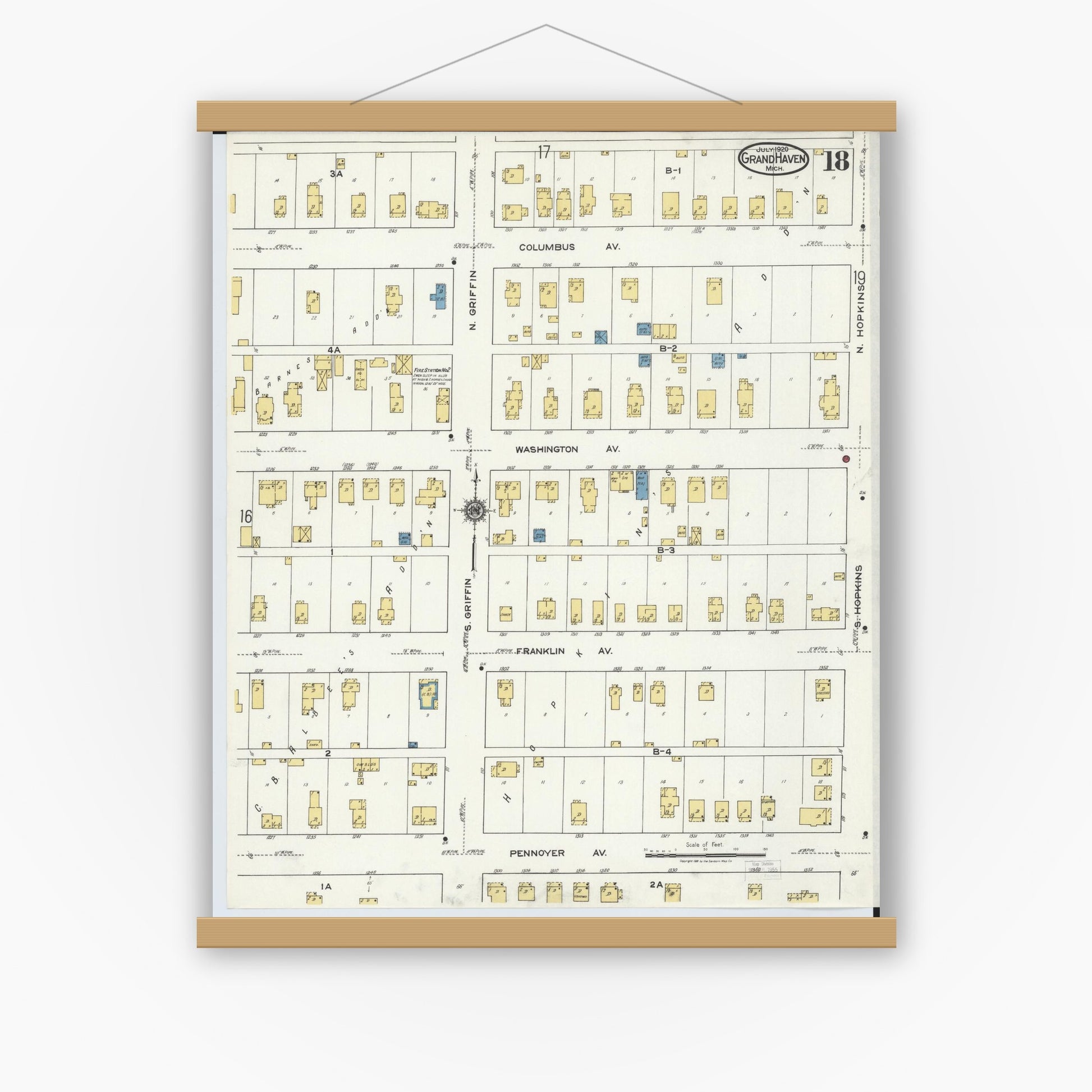 Old map wall art mockup — magnetic wood frame on white wall — Sanborn Fire Insurance Map from Grand Haven, Ottawa County, Michigan (1920), Sheet #0018