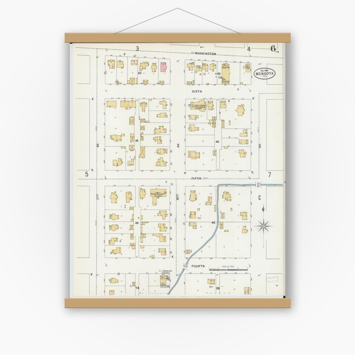 Old map wall art mockup — magnetic wood frame on white wall — Sanborn Fire Insurance Map from Mendota, La Salle County, Illinois (1897), Sheet #0006