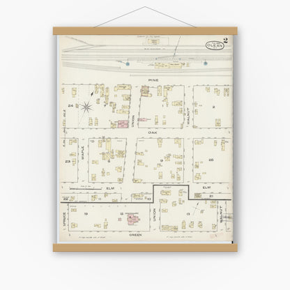 Old map wall art mockup — magnetic wood frame on white wall — Sanborn Fire Insurance Map from Olean, Cattaraugus County, New York (1886) - Complete Map Set