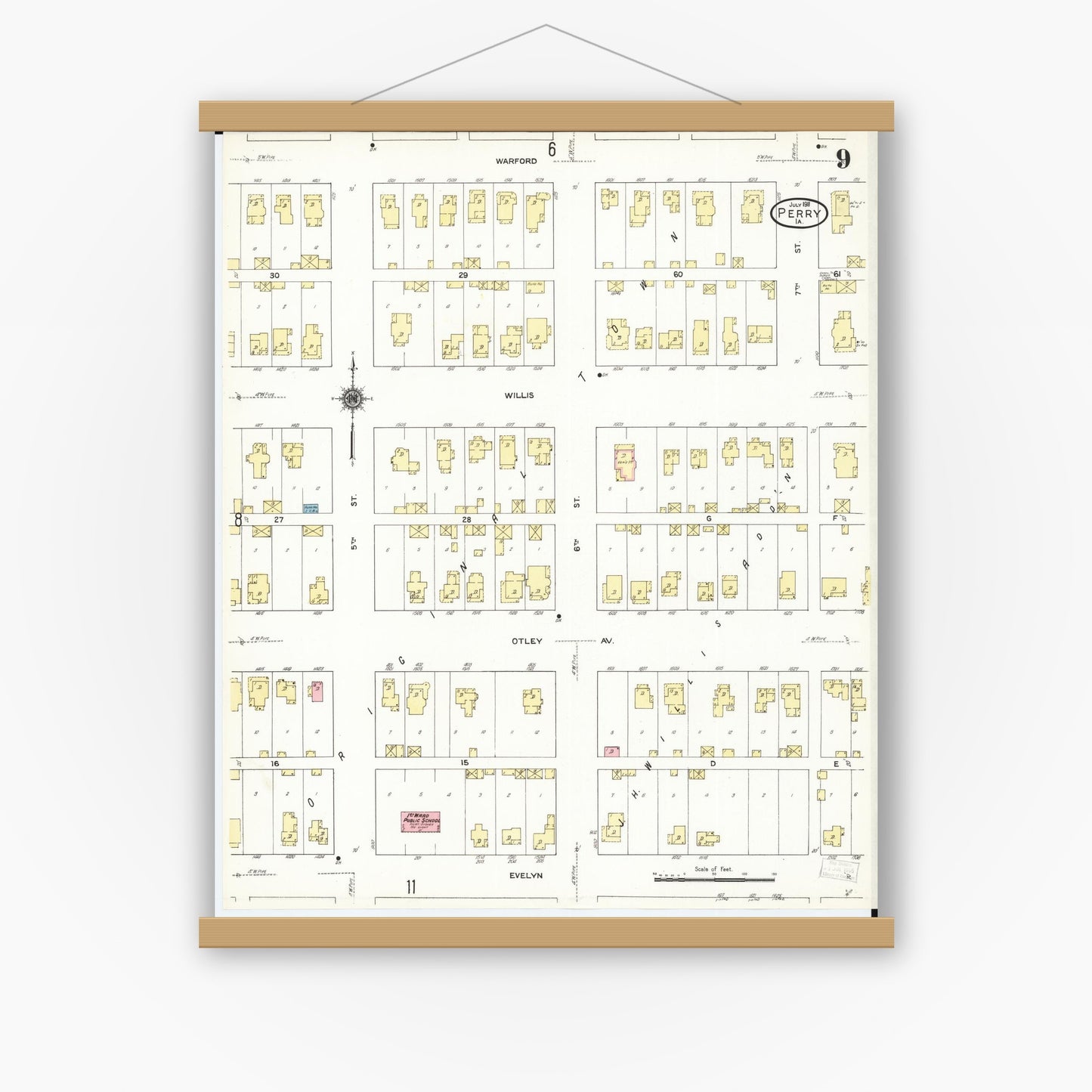 Old map wall art mockup — magnetic wood frame on white wall — Sanborn Fire Insurance Map from Perry, Dallas County, Iowa (1911), Sheet #0009