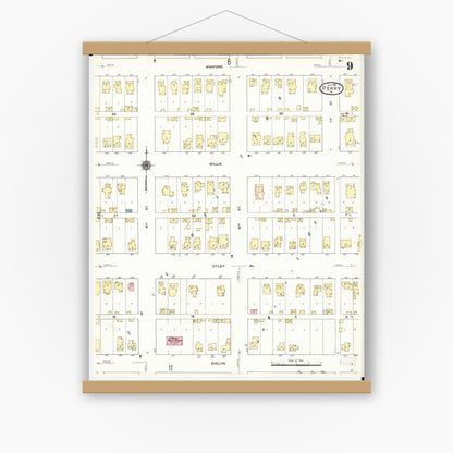 Old map wall art mockup — magnetic wood frame on white wall — Sanborn Fire Insurance Map from Perry, Dallas County, Iowa (1911), Sheet #0009