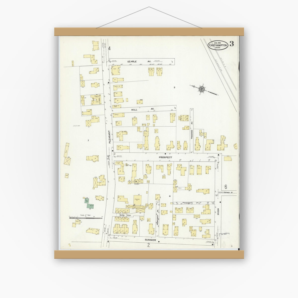 Old map wall art mockup — magnetic wood frame on white wall — Sanborn Fire Insurance Map from East Hampton, Hampshire County, Massachusetts (1910), Sheet #0003