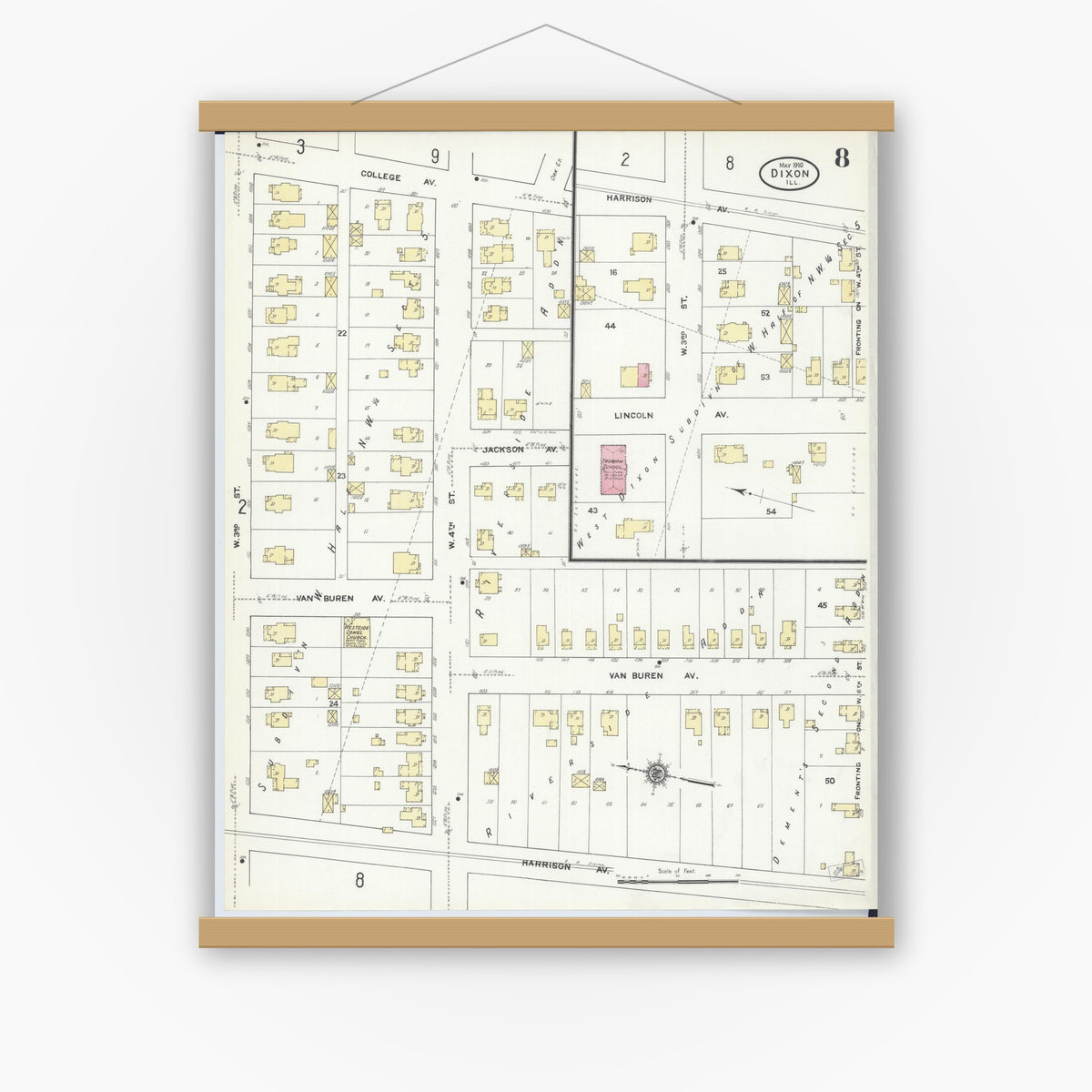 Old map wall art mockup — magnetic wood frame on white wall — Sanborn Fire Insurance Map from Dixon, Lee County, Illinois (1910), Sheet #0008