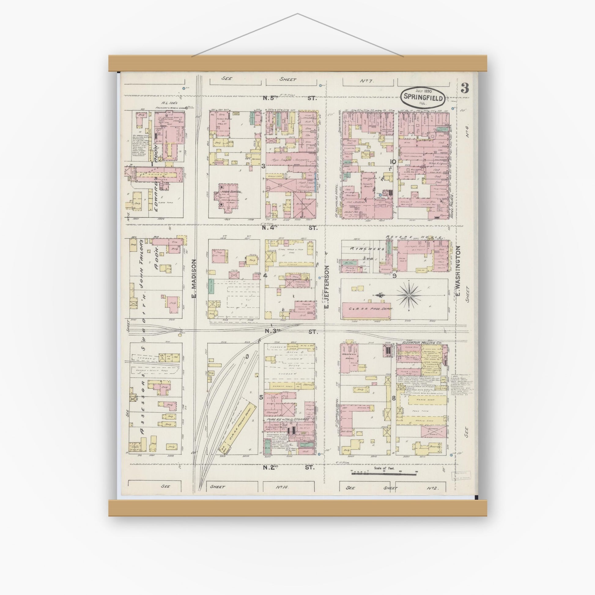 Old map wall art mockup — magnetic wood frame on white wall — Sanborn Fire Insurance Map from Springfield, Sangamon County, Illinois (1890), Sheet #0003
