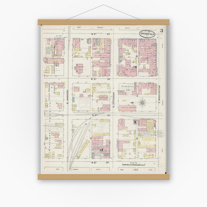 Old map wall art mockup — magnetic wood frame on white wall — Sanborn Fire Insurance Map from Springfield, Sangamon County, Illinois (1890), Sheet #0003