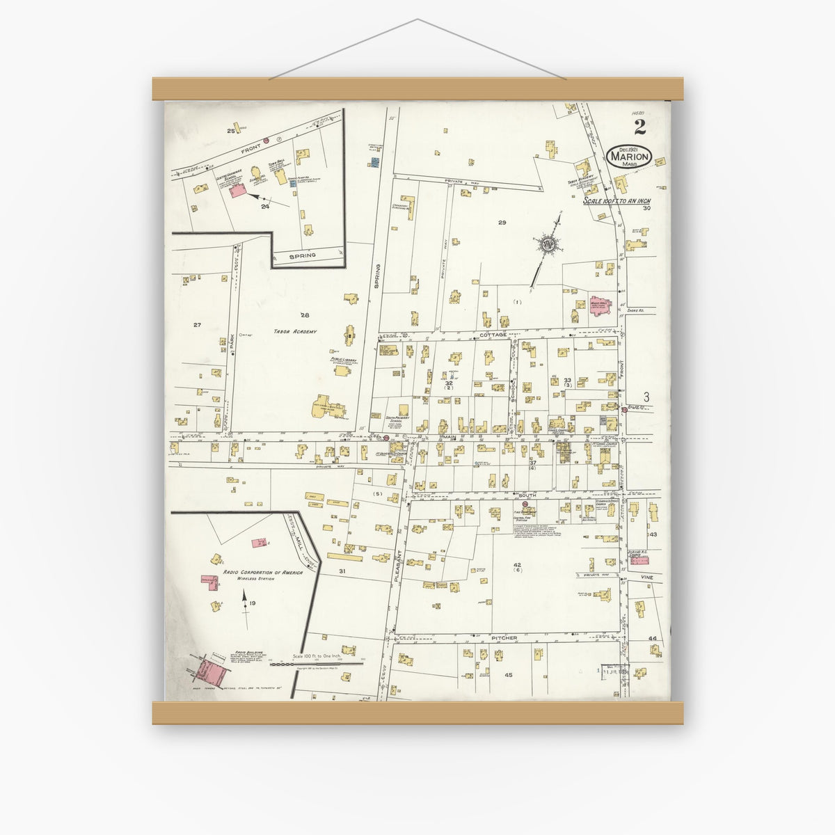 Old map wall art mockup — magnetic wood frame on white wall — Sanborn Fire Insurance Map from Marion, Plymouth County, Massachusetts (1921), Sheet #0002