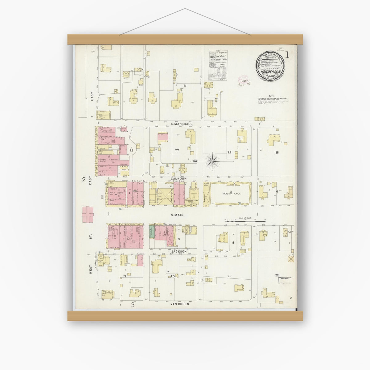 Old map wall art mockup — magnetic wood frame on white wall — Sanborn Fire Insurance Map from Henderson, Rusk County, Texas (1896), Sheet #0001
