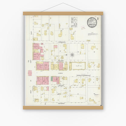 Old map wall art mockup — magnetic wood frame on white wall — Sanborn Fire Insurance Map from Henderson, Rusk County, Texas (1896), Sheet #0001