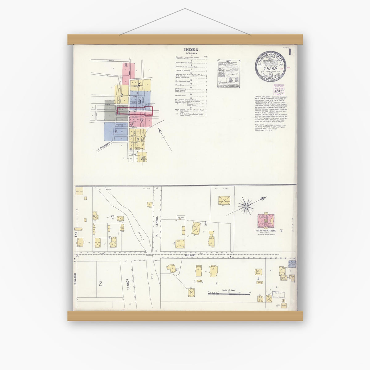 Old map wall art mockup — magnetic wood frame on white wall — Sanborn Fire Insurance Map from Yreka, Siskiyou County, California (1908) - Complete Map Set