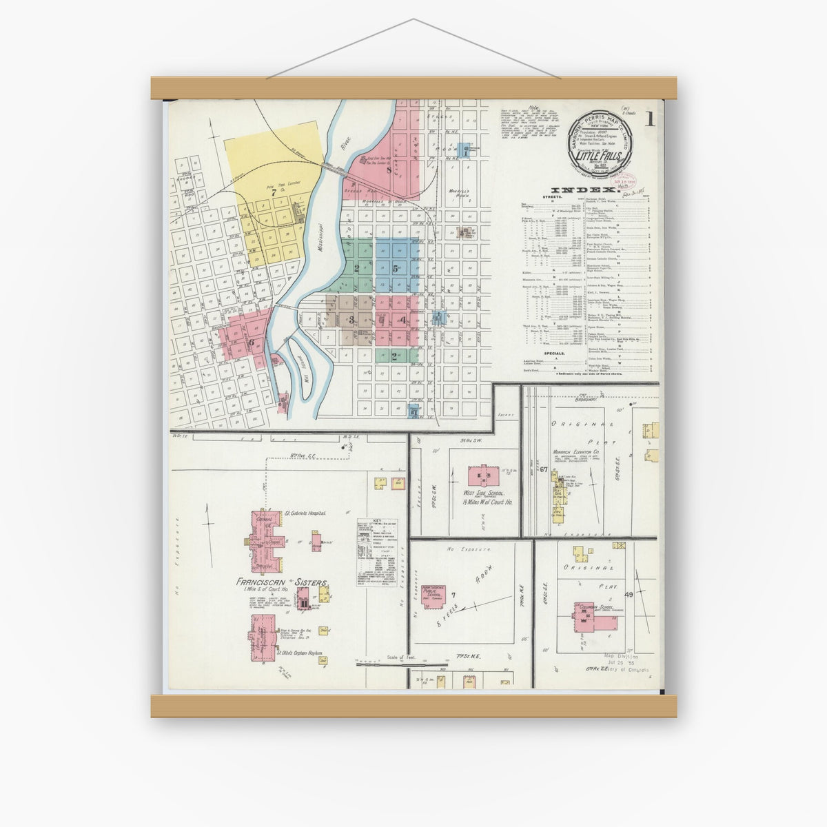 Old map wall art mockup — magnetic wood frame on white wall — Sanborn Fire Insurance Map from Little Falls, Morrison County, Minnesota (1895) - Complete Map Set