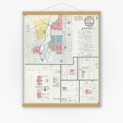 Old map wall art mockup — magnetic wood frame on white wall — Sanborn Fire Insurance Map from Little Falls, Morrison County, Minnesota (1895) - Complete Map Set