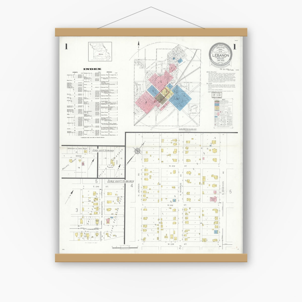 Old map wall art mockup — magnetic wood frame on white wall — Sanborn Fire Insurance Map from Lebanon, Laclede County, Missouri (1932) - Complete Map Set