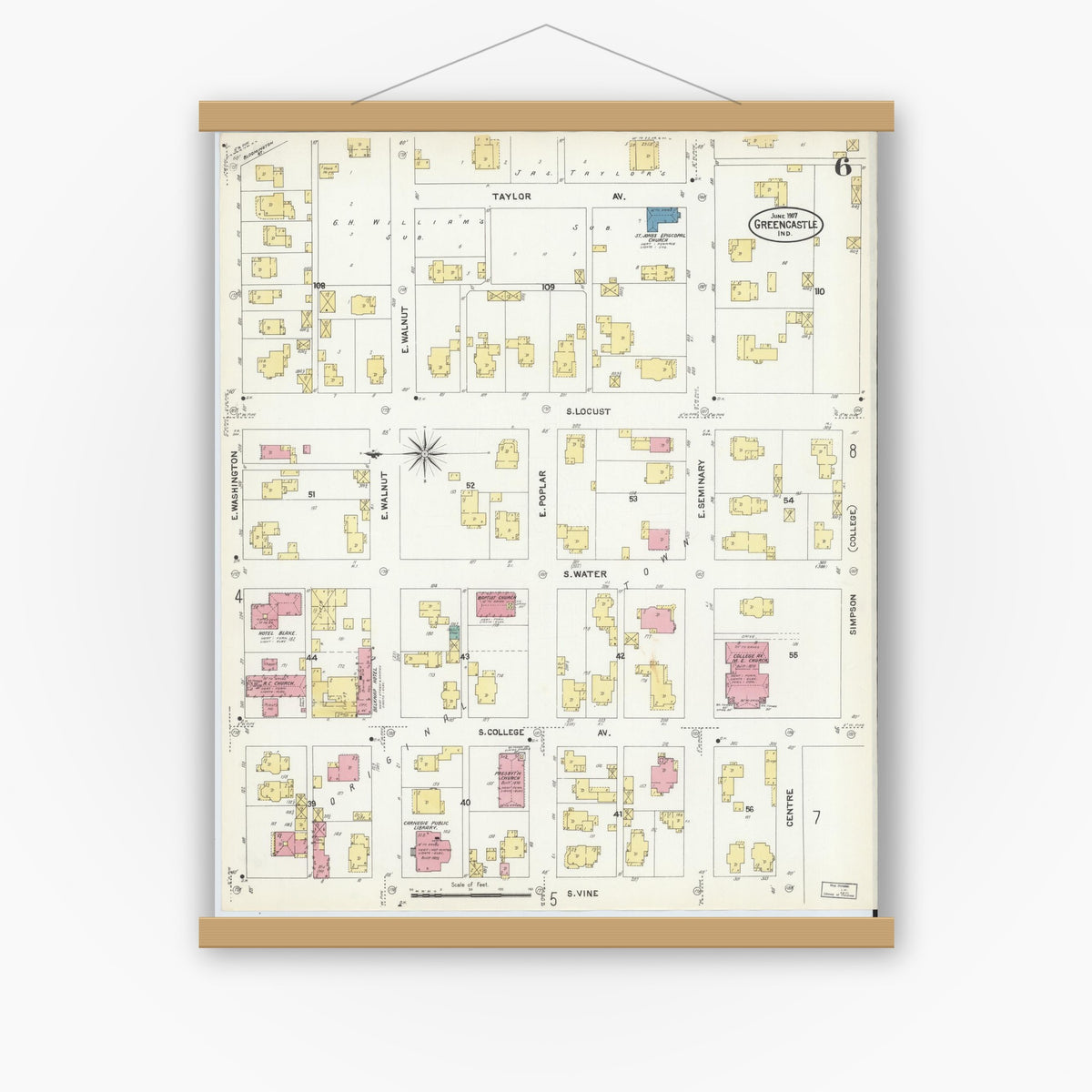 Old map wall art mockup — magnetic wood frame on white wall — Sanborn Fire Insurance Map from Greencastle, Putnam County, Indiana (1907), Sheet #0006