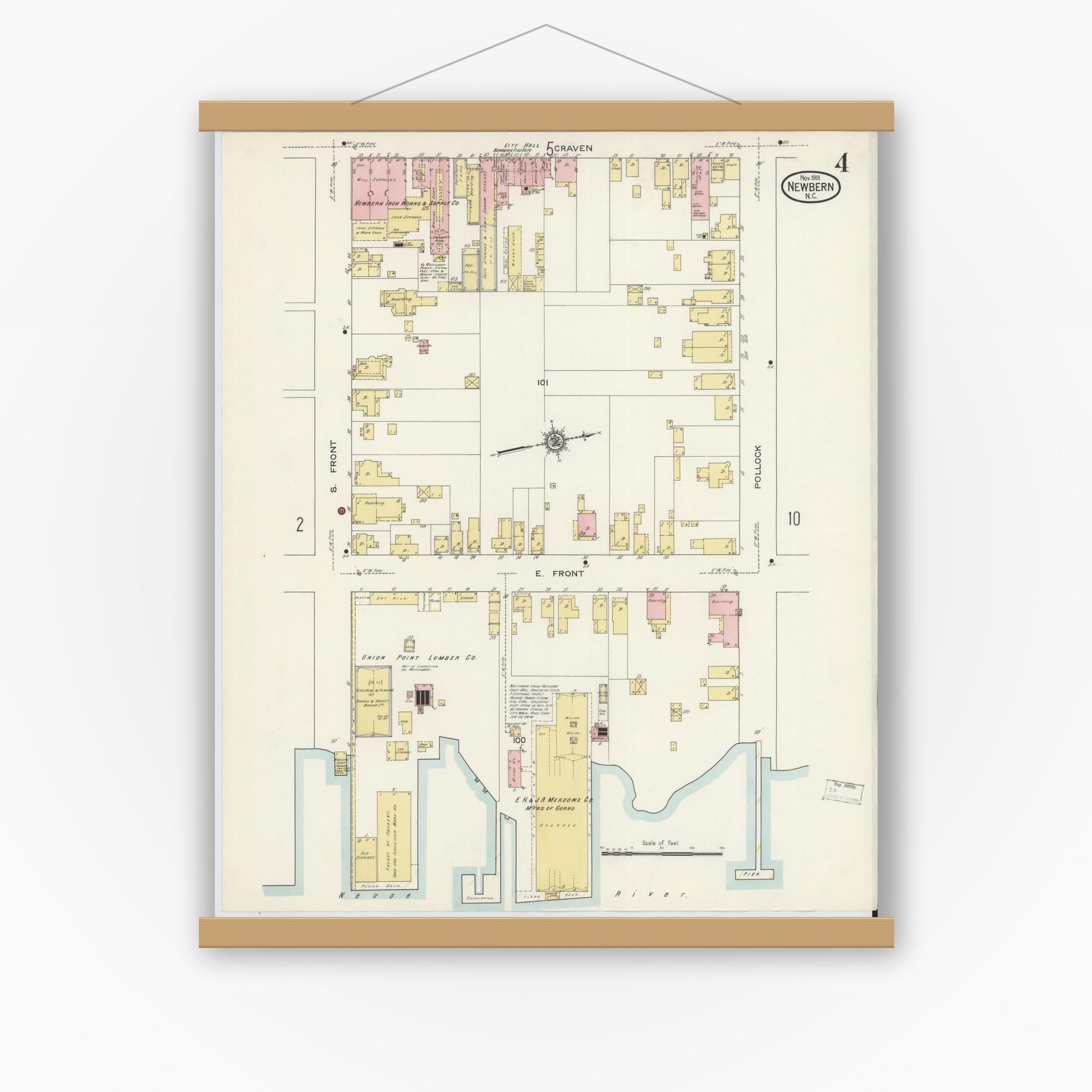 Old map wall art mockup — magnetic wood frame on white wall — Sanborn Fire Insurance Map from New Bern, Craven County, North Carolina (1913), Sheet #0004