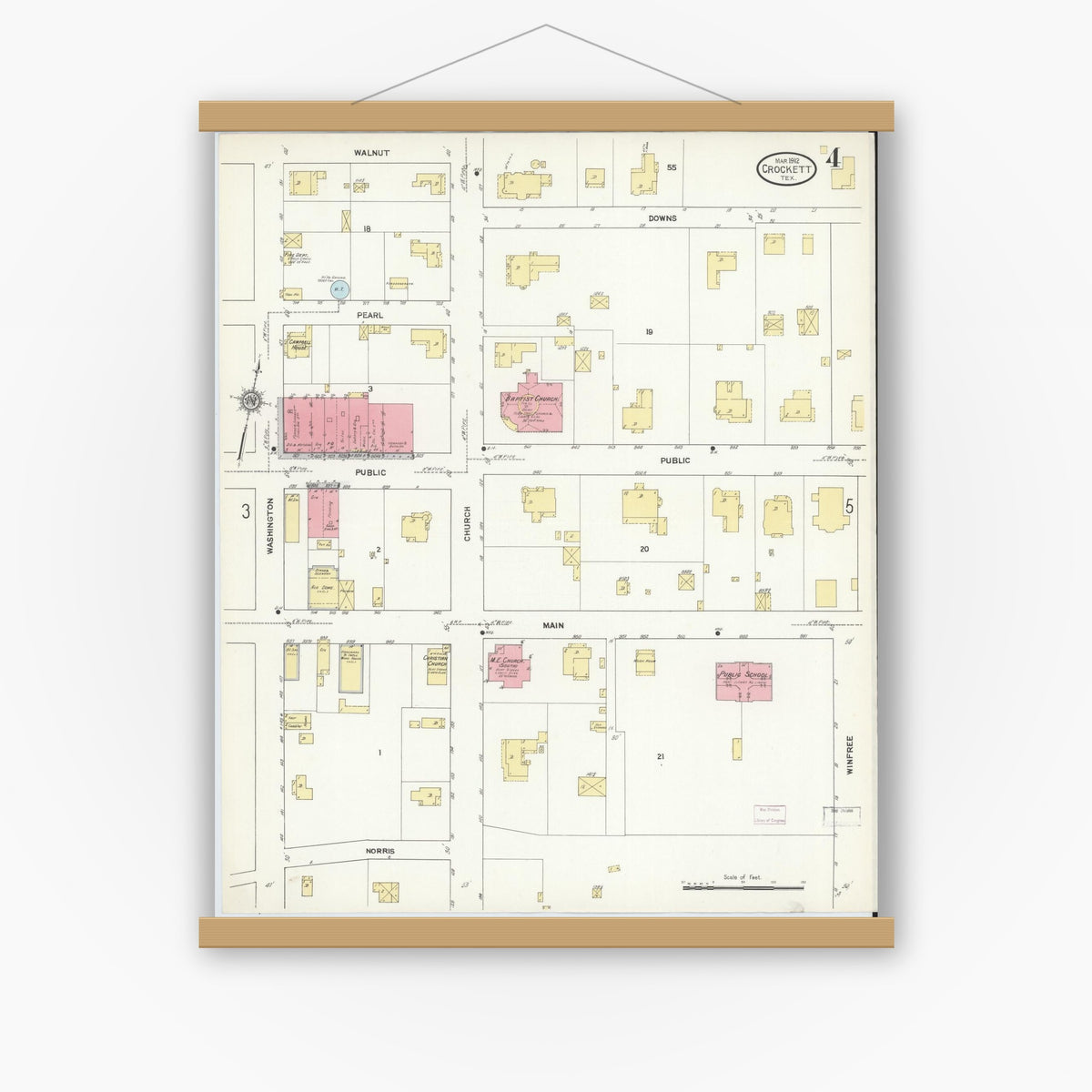 Old map wall art mockup — magnetic wood frame on white wall — Sanborn Fire Insurance Map from Crockett, Houston County, Texas (1912), Sheet #0004