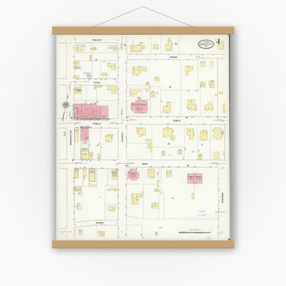 Old map wall art mockup — magnetic wood frame on white wall — Sanborn Fire Insurance Map from Crockett, Houston County, Texas (1912), Sheet #0004