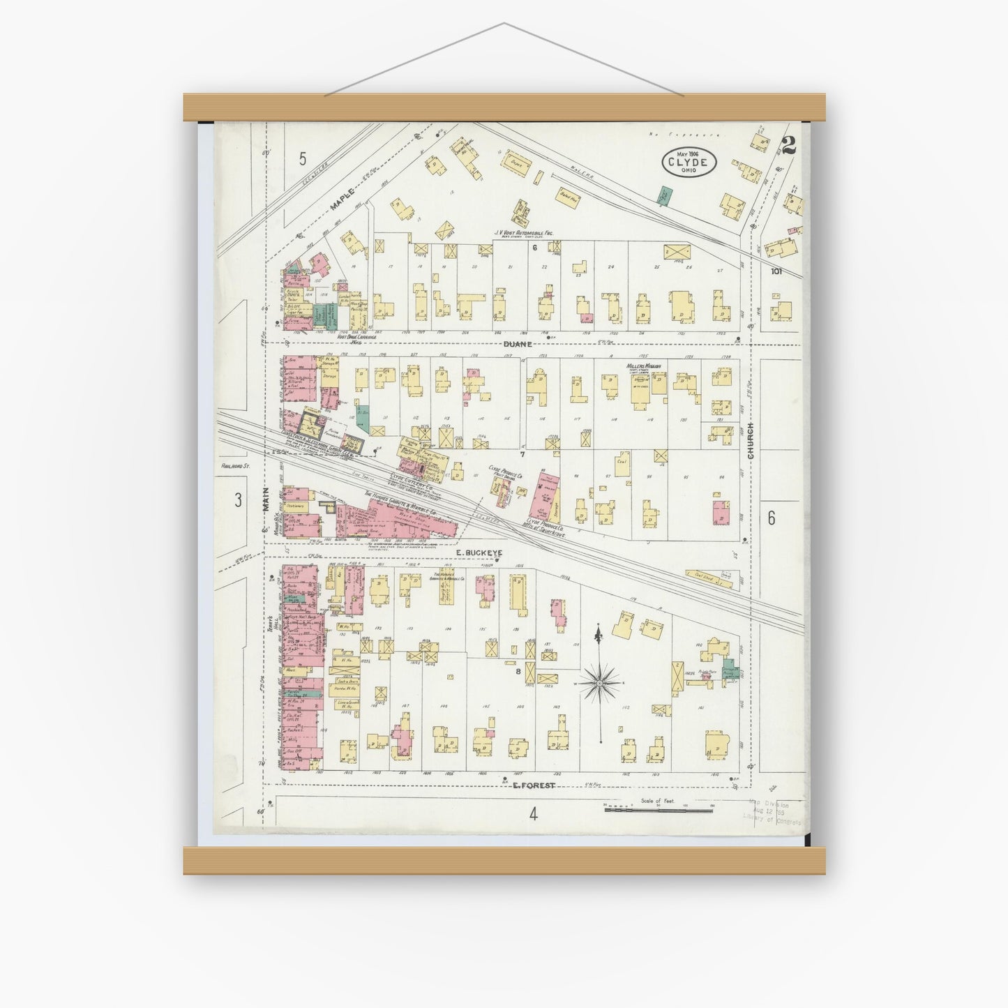 Old map wall art mockup — magnetic wood frame on white wall — Sanborn Fire Insurance Map from Clyde, Sandusky County, Ohio (1906), Sheet #0002