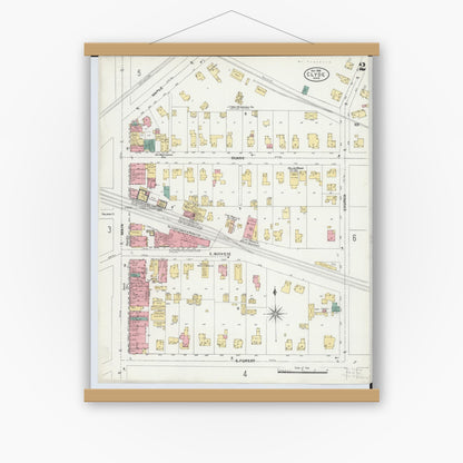 Old map wall art mockup — magnetic wood frame on white wall — Sanborn Fire Insurance Map from Clyde, Sandusky County, Ohio (1906), Sheet #0002