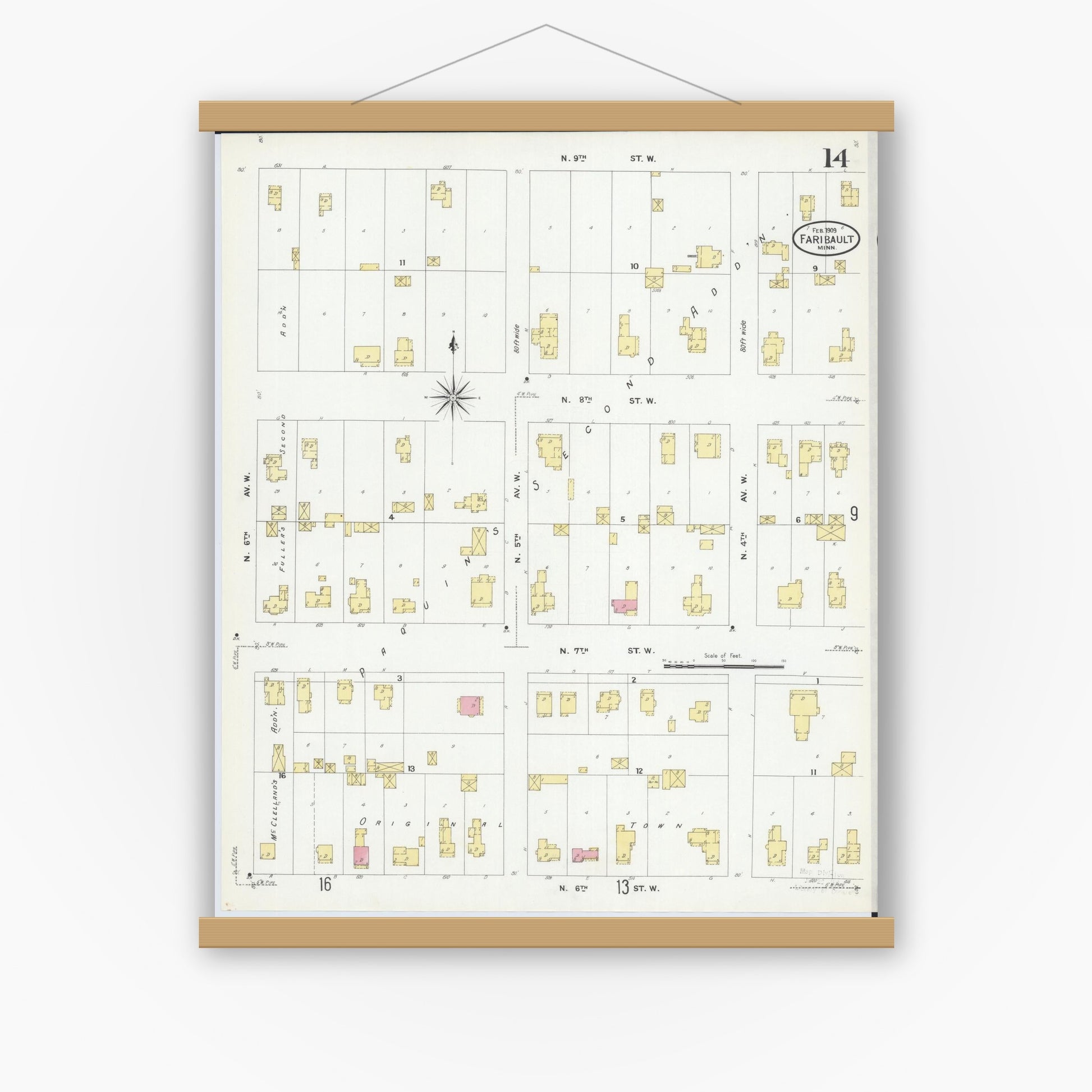 Old map wall art mockup — magnetic wood frame on white wall — Sanborn Fire Insurance Map from Faribault, Rice County, Minnesota (1909), Sheet #0014