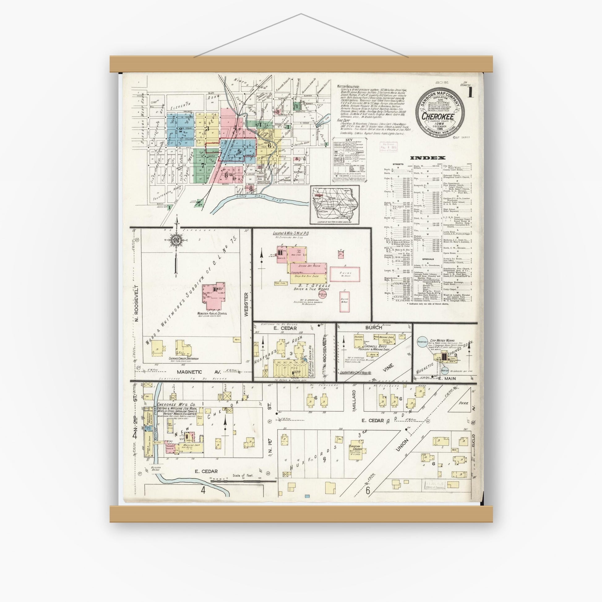 Old map wall art mockup — magnetic wood frame on white wall — Sanborn Fire Insurance Map from Cherokee, Cherokee County, Iowa (1914) â€” Complete Set