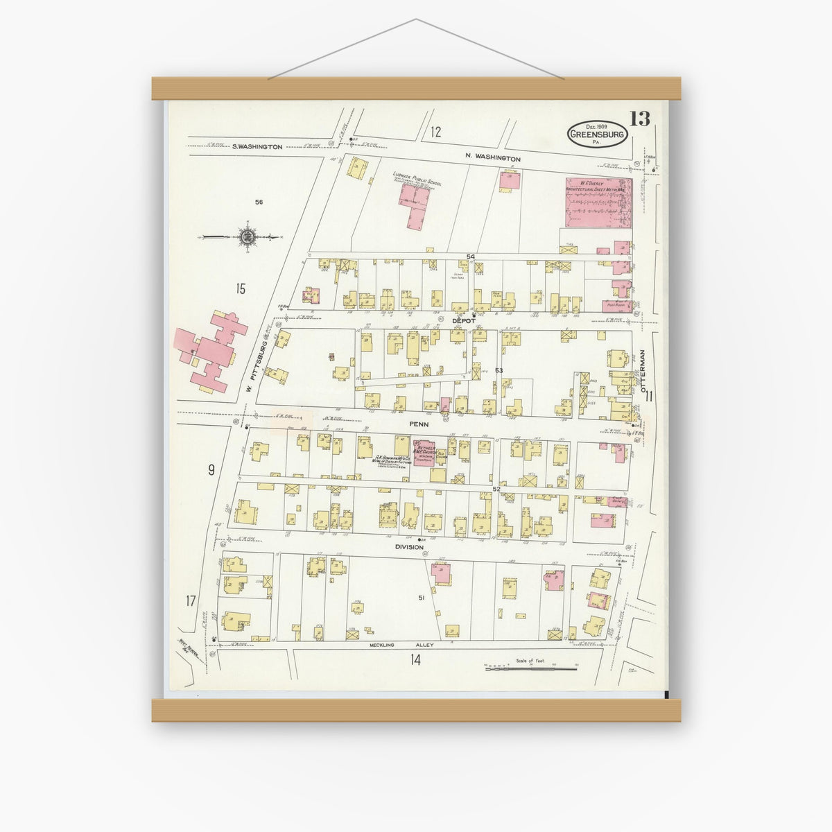 Old map wall art mockup — magnetic wood frame on white wall — Sanborn Fire Insurance Map from Greensburg, Westmoreland County, Pennsylvania (1909), Sheet #0013