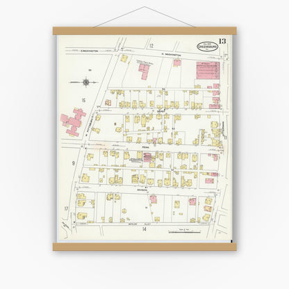 Old map wall art mockup — magnetic wood frame on white wall — Sanborn Fire Insurance Map from Greensburg, Westmoreland County, Pennsylvania (1909), Sheet #0013