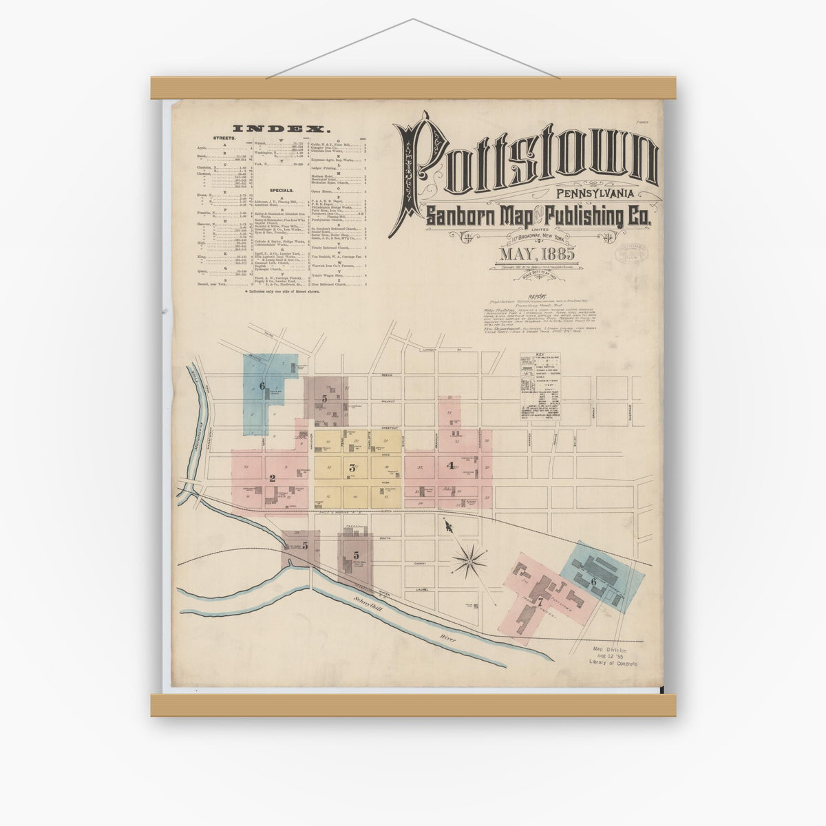 Old map wall art mockup — magnetic wood frame on white wall — Sanborn Fire Insurance Map from Pottstown, Montgomery County, Pennsylvania (1885), Sheet #0001