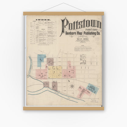 Old map wall art mockup — magnetic wood frame on white wall — Sanborn Fire Insurance Map from Pottstown, Montgomery County, Pennsylvania (1885), Sheet #0001
