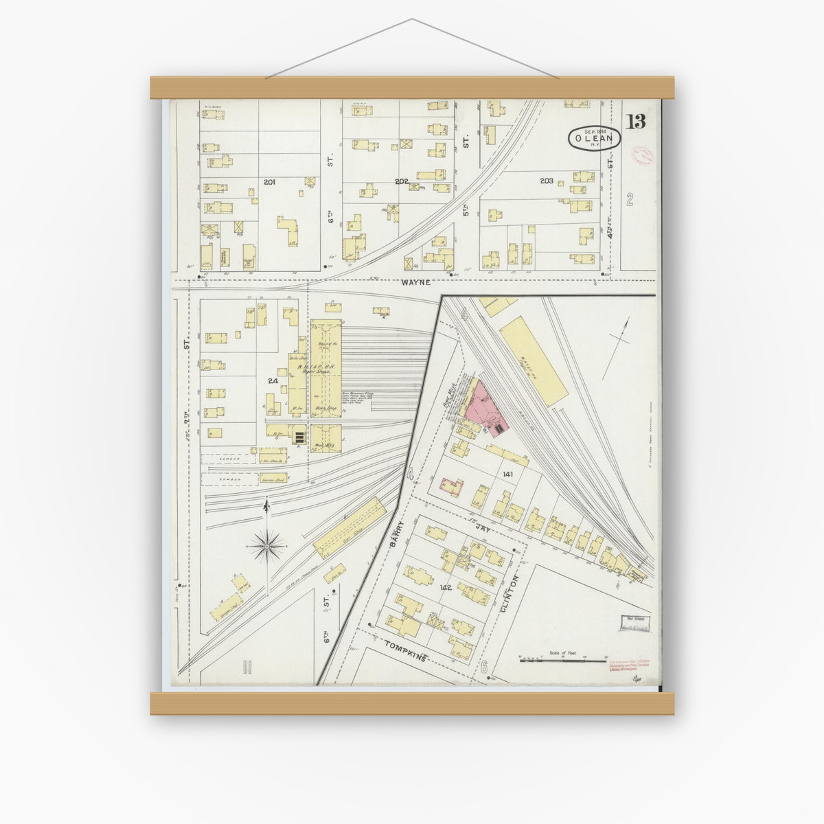Old map wall art mockup — magnetic wood frame on white wall — Sanborn Fire Insurance Map from Olean, Cattaraugus County, New York (1894), Sheet #0013