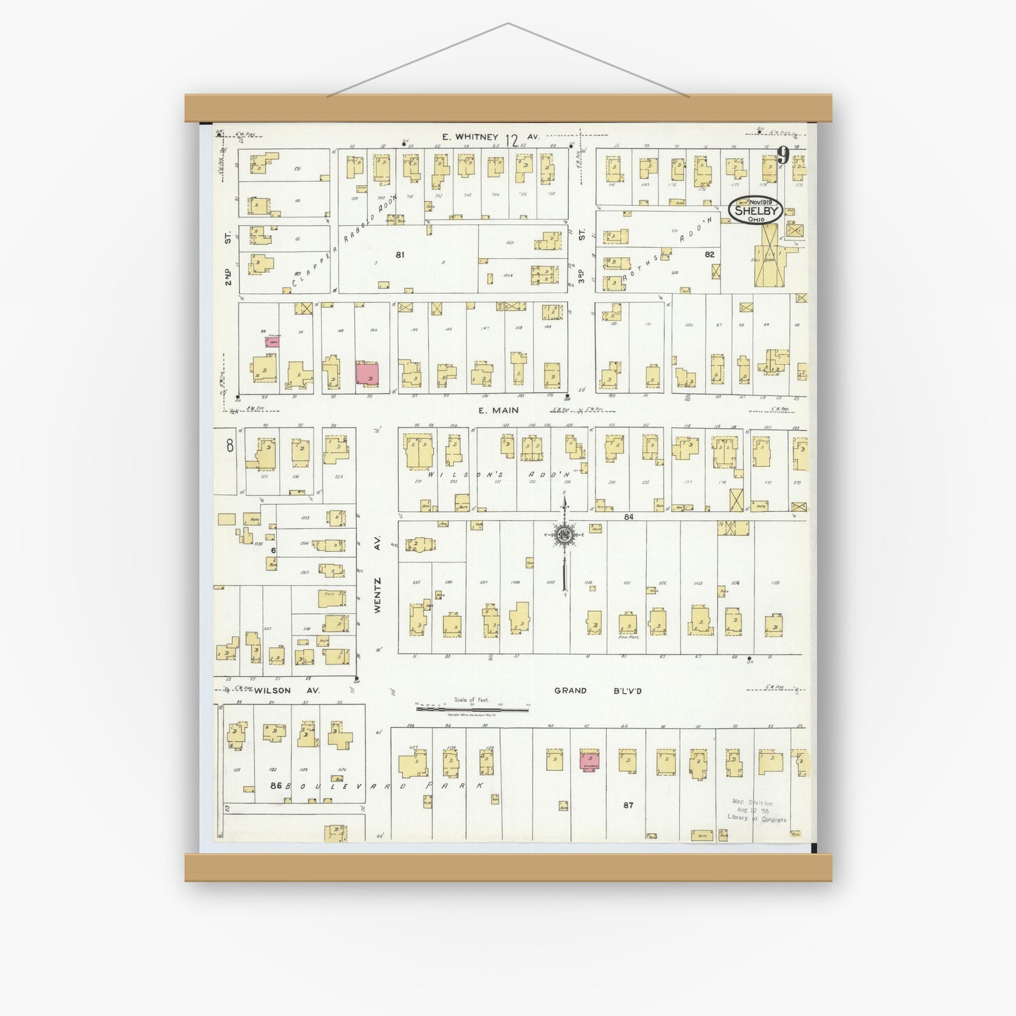 Old map wall art mockup — magnetic wood frame on white wall — Sanborn Fire Insurance Map from Shelby, Richland County, Ohio (1919), Sheet #0009