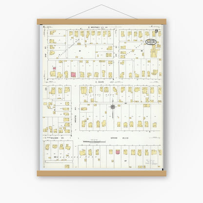 Old map wall art mockup — magnetic wood frame on white wall — Sanborn Fire Insurance Map from Shelby, Richland County, Ohio (1919), Sheet #0009