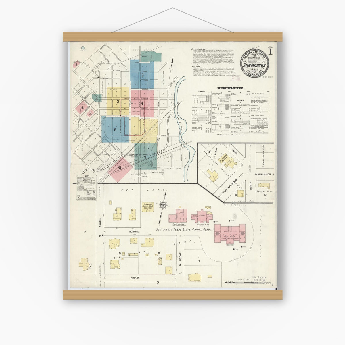 Old map wall art mockup — magnetic wood frame on white wall — Sanborn Fire Insurance Map from San Marcos, Hays County, Texas (1912), Sheet #0001