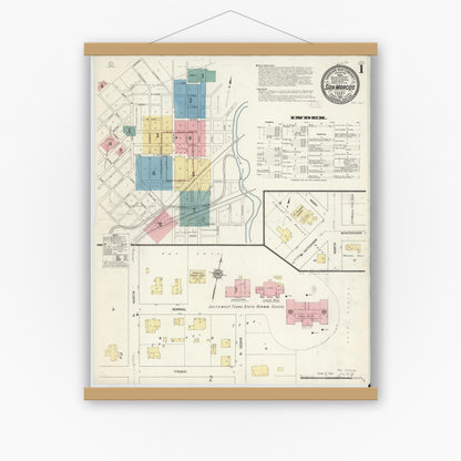 Old map wall art mockup — magnetic wood frame on white wall — Sanborn Fire Insurance Map from San Marcos, Hays County, Texas (1912), Sheet #0001
