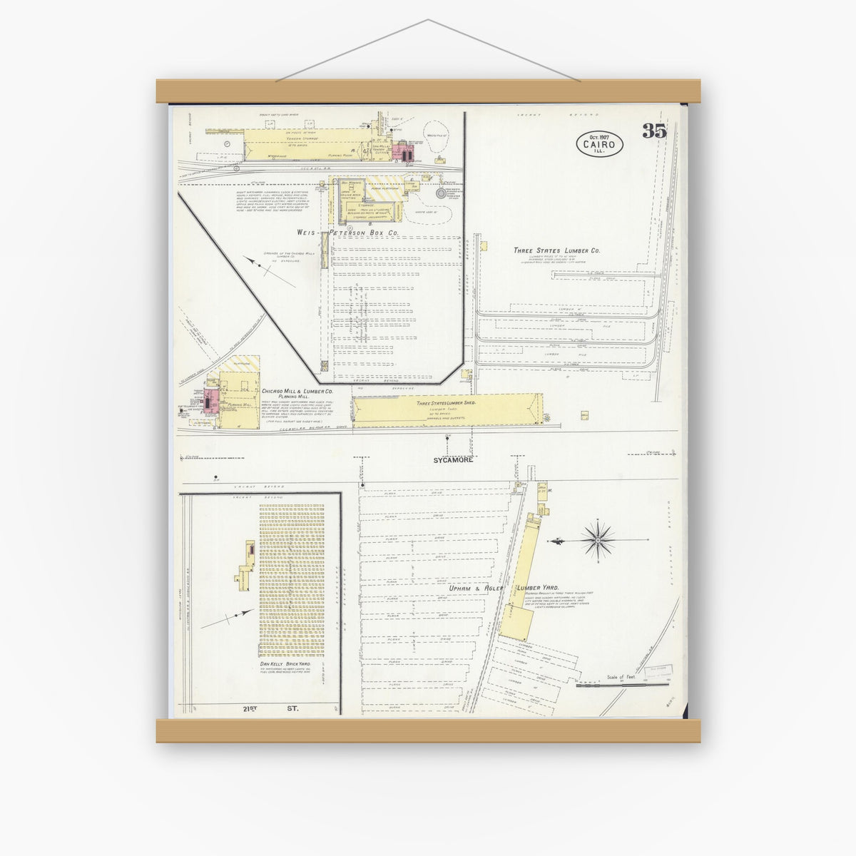Old map wall art mockup — magnetic wood frame on white wall — Sanborn Fire Insurance Map from Cairo, Alexander County, Illinois (1907), Sheet #0035