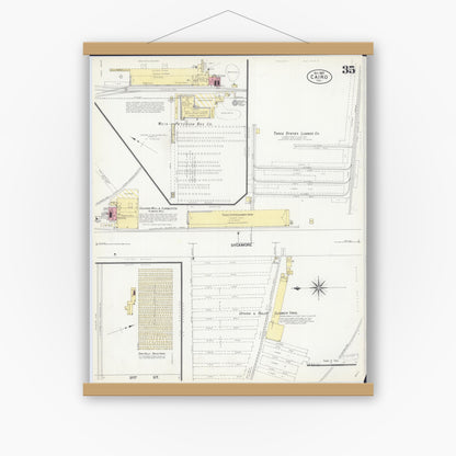 Old map wall art mockup — magnetic wood frame on white wall — Sanborn Fire Insurance Map from Cairo, Alexander County, Illinois (1907), Sheet #0035