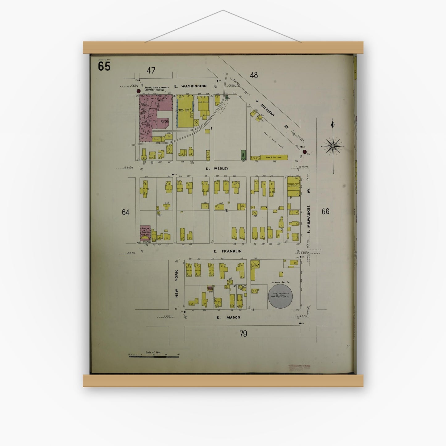 Old map wall art mockup — magnetic wood frame on white wall — Sanborn Fire Insurance Map from Jackson, Jackson County, Michigan (1907), Sheet #0065