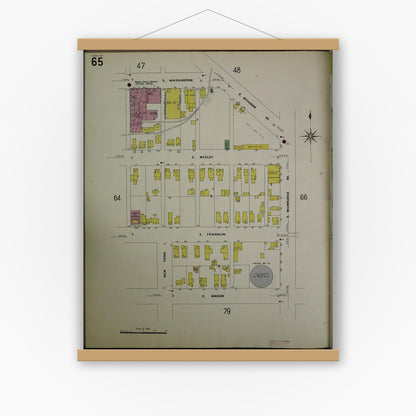 Old map wall art mockup — magnetic wood frame on white wall — Sanborn Fire Insurance Map from Jackson, Jackson County, Michigan (1907), Sheet #0065