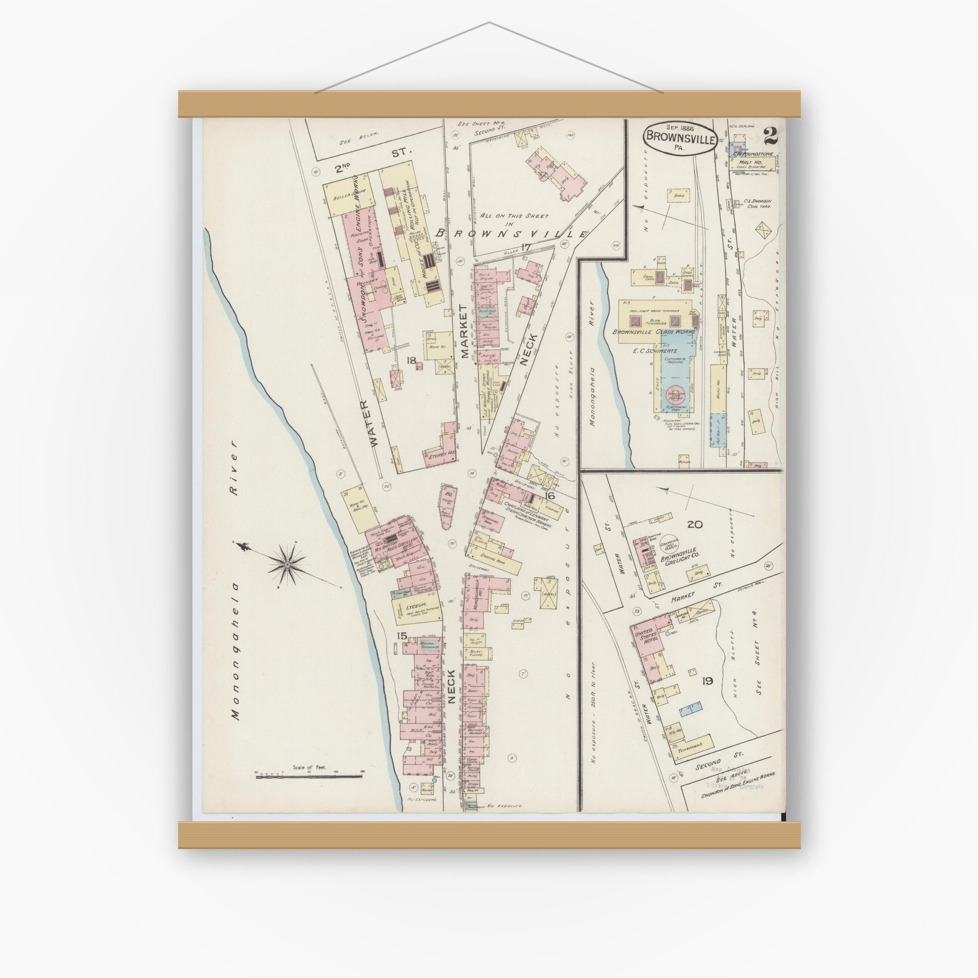 Old map wall art mockup — magnetic wood frame on white wall — Sanborn Fire Insurance Map from Brownsville, Fayette County, Pennsylvania (1886), Sheet #0002