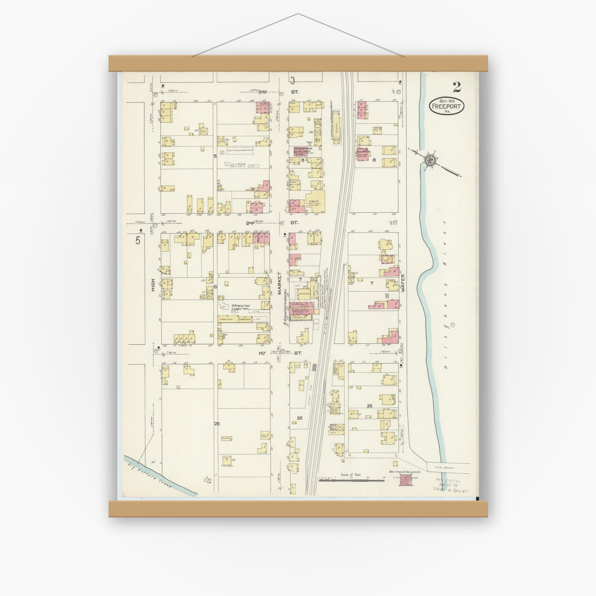 Old map wall art mockup — magnetic wood frame on white wall — Sanborn Fire Insurance Map from Freeport, Armstrong County, Pennsylvania (1913), Sheet #0002