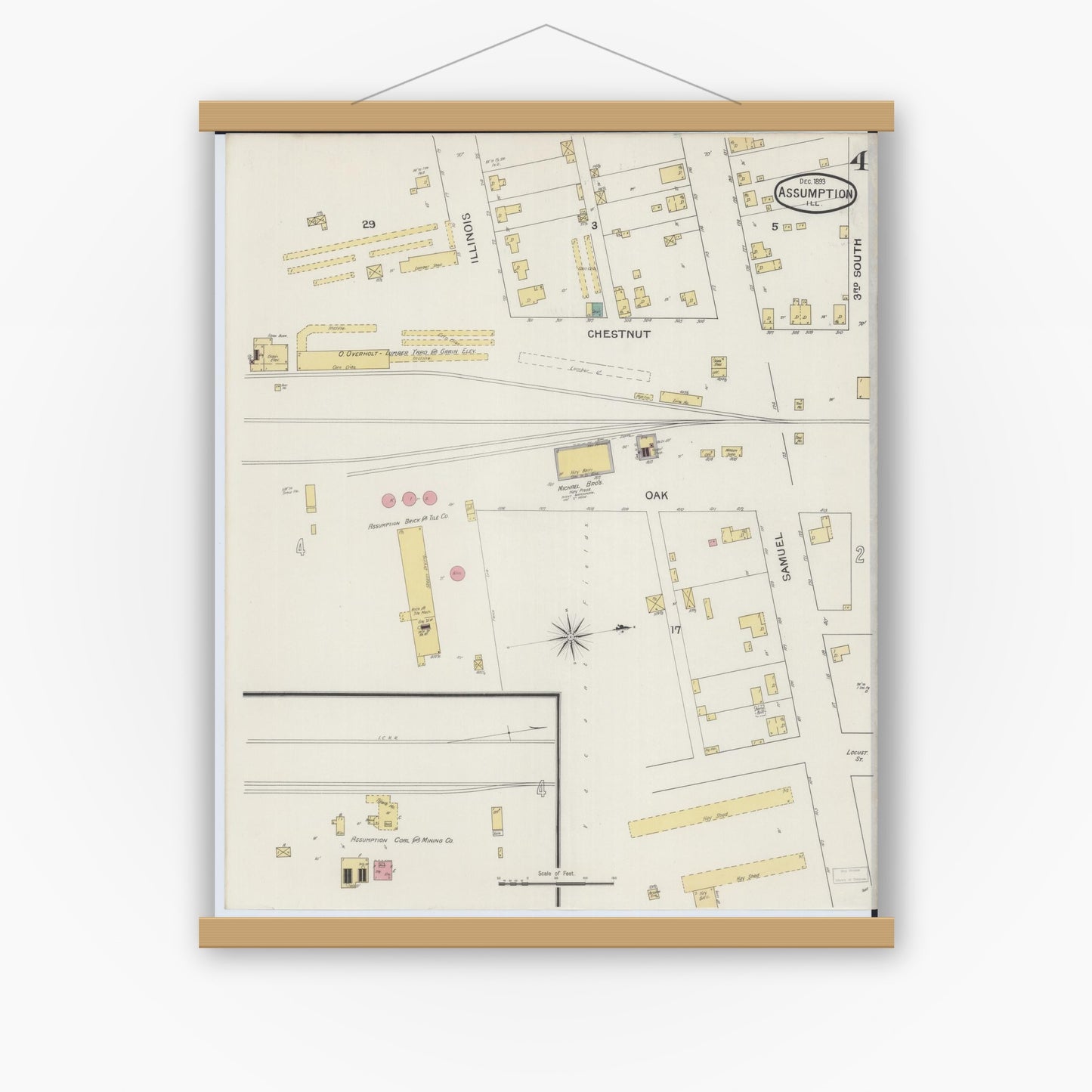 Old map wall art mockup — magnetic wood frame on white wall — Sanborn Fire Insurance Map from Assumption, Christian County, Illinois (1893), Sheet #0004