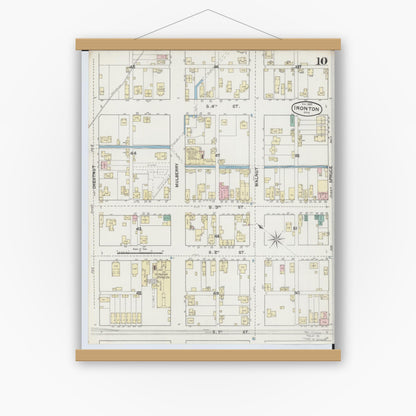 Old map wall art mockup — magnetic wood frame on white wall — Sanborn Fire Insurance Map from Ironton, Lawrence County, Ohio (1889), Sheet #0010