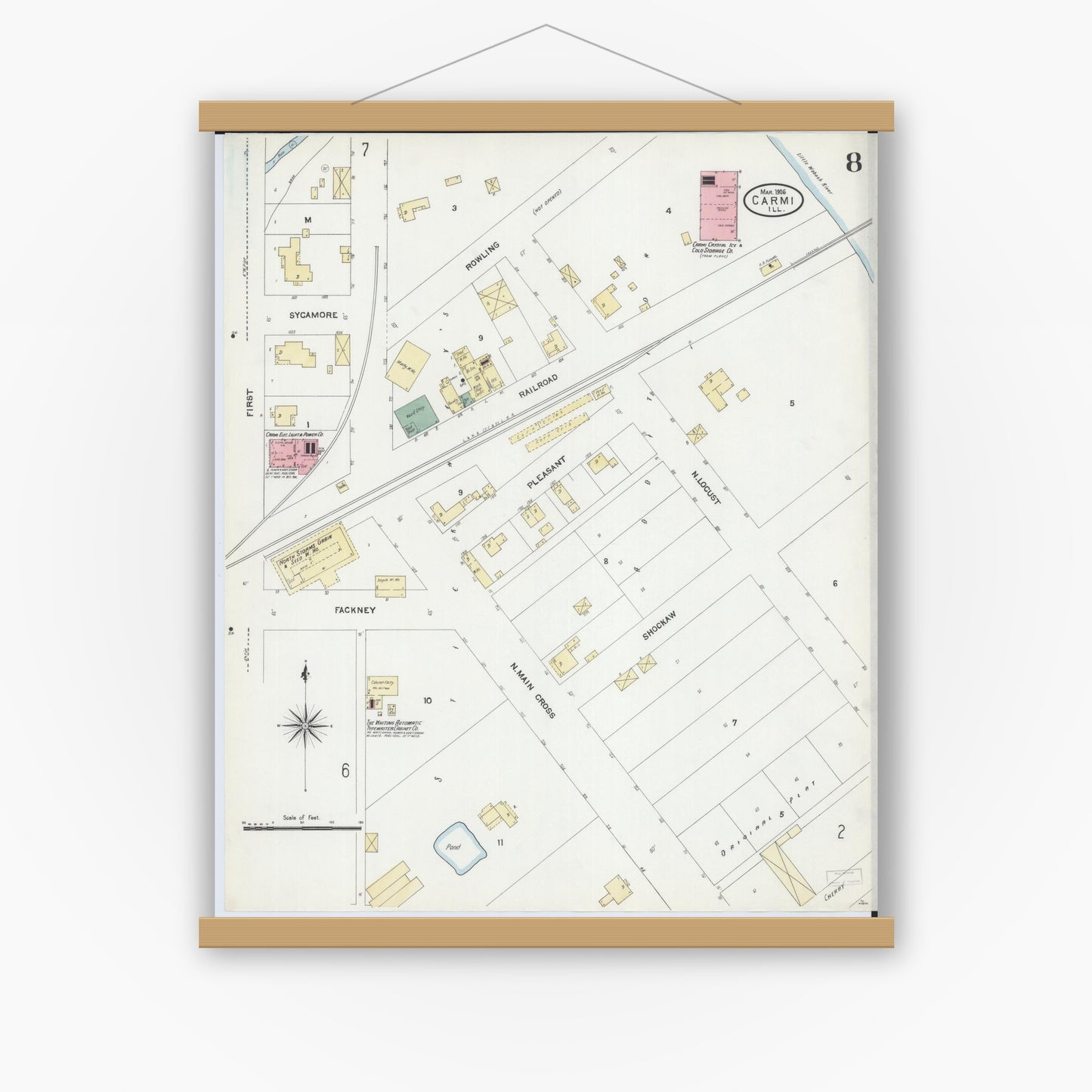 Old map wall art mockup — magnetic wood frame on white wall — Sanborn Fire Insurance Map from Carmi, White County, Illinois (1906), Sheet #0008