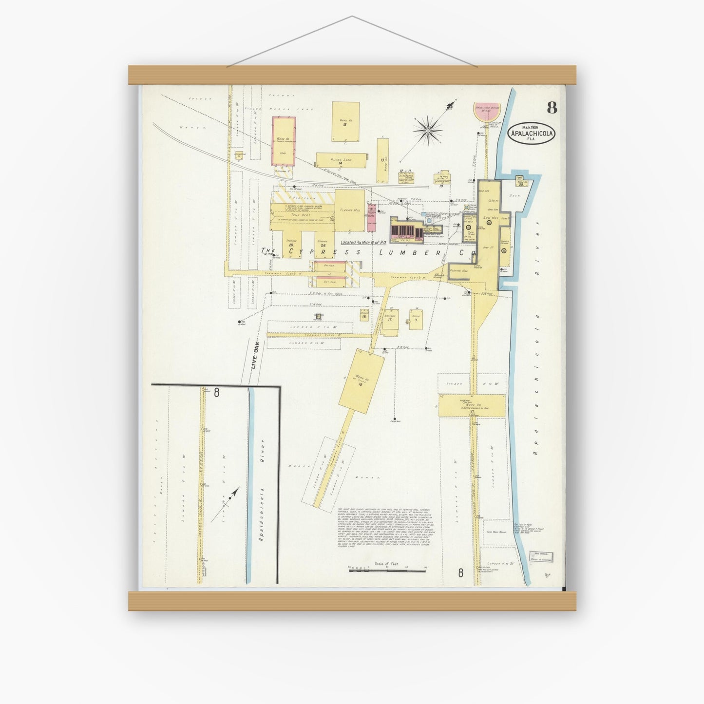 Old map wall art mockup — magnetic wood frame on white wall — Sanborn Fire Insurance Map from Apalachicola, Franklin County, Florida (1909), Sheet #0008