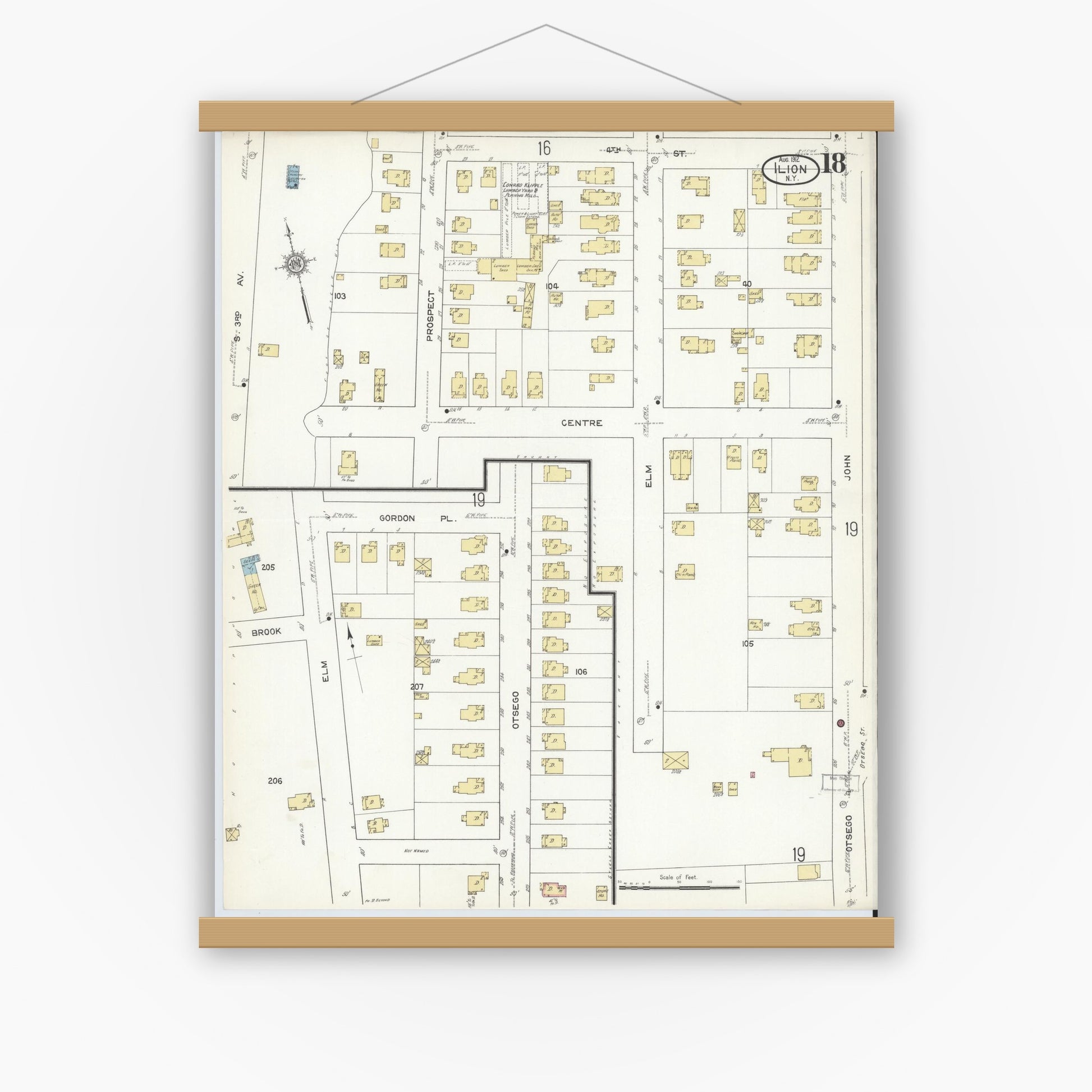 Old map wall art mockup — magnetic wood frame on white wall — Sanborn Fire Insurance Map from Ilion, Herkimer County, New York (1912), Sheet #0018