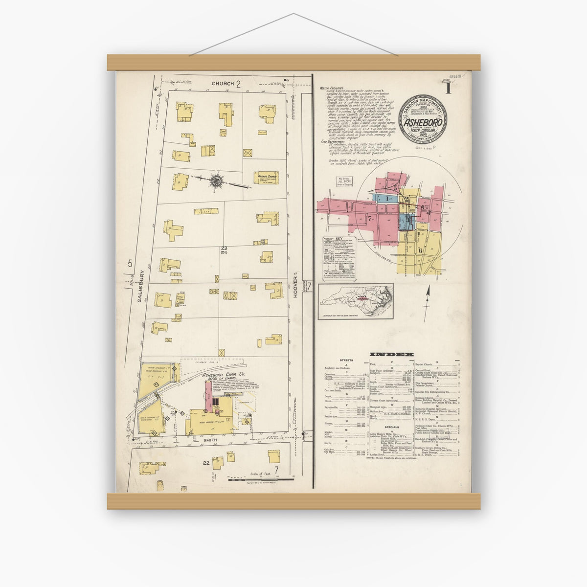 Old map wall art mockup — magnetic wood frame on white wall — Sanborn Fire Insurance Map from Asheboro, Randolph County, North Carolina (1922), Sheet #0001