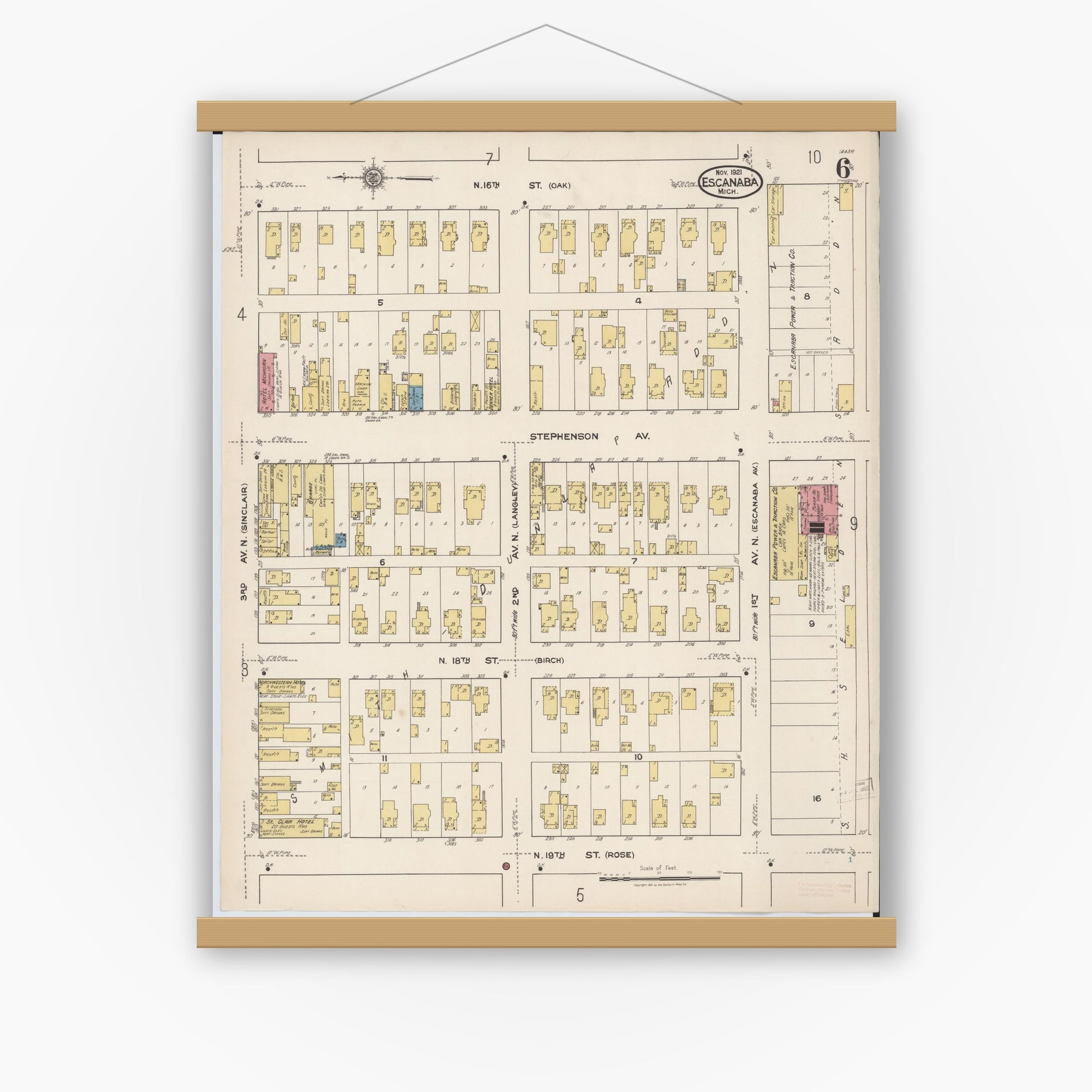 Old map wall art mockup — magnetic wood frame on white wall — Sanborn Fire Insurance Map from Escanaba, Delta County, Michigan (1921), Sheet #0006