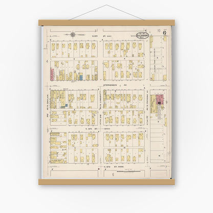 Old map wall art mockup — magnetic wood frame on white wall — Sanborn Fire Insurance Map from Escanaba, Delta County, Michigan (1921), Sheet #0006