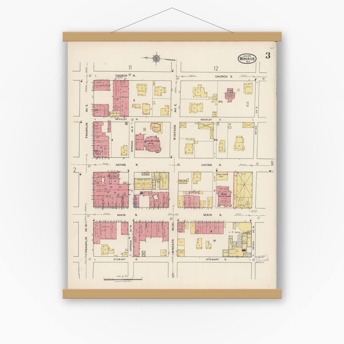 Old map wall art mockup — magnetic wood frame on white wall — Sanborn Fire Insurance Map from Monroe, Union County, North Carolina (1922), Sheet #0003